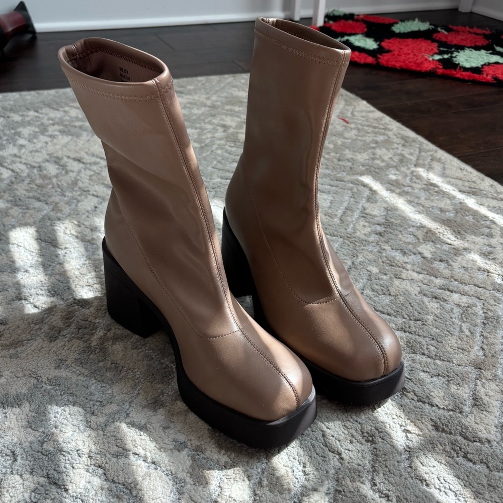 Call It Spring Tan and Black Heeled Boots Sleek Design
